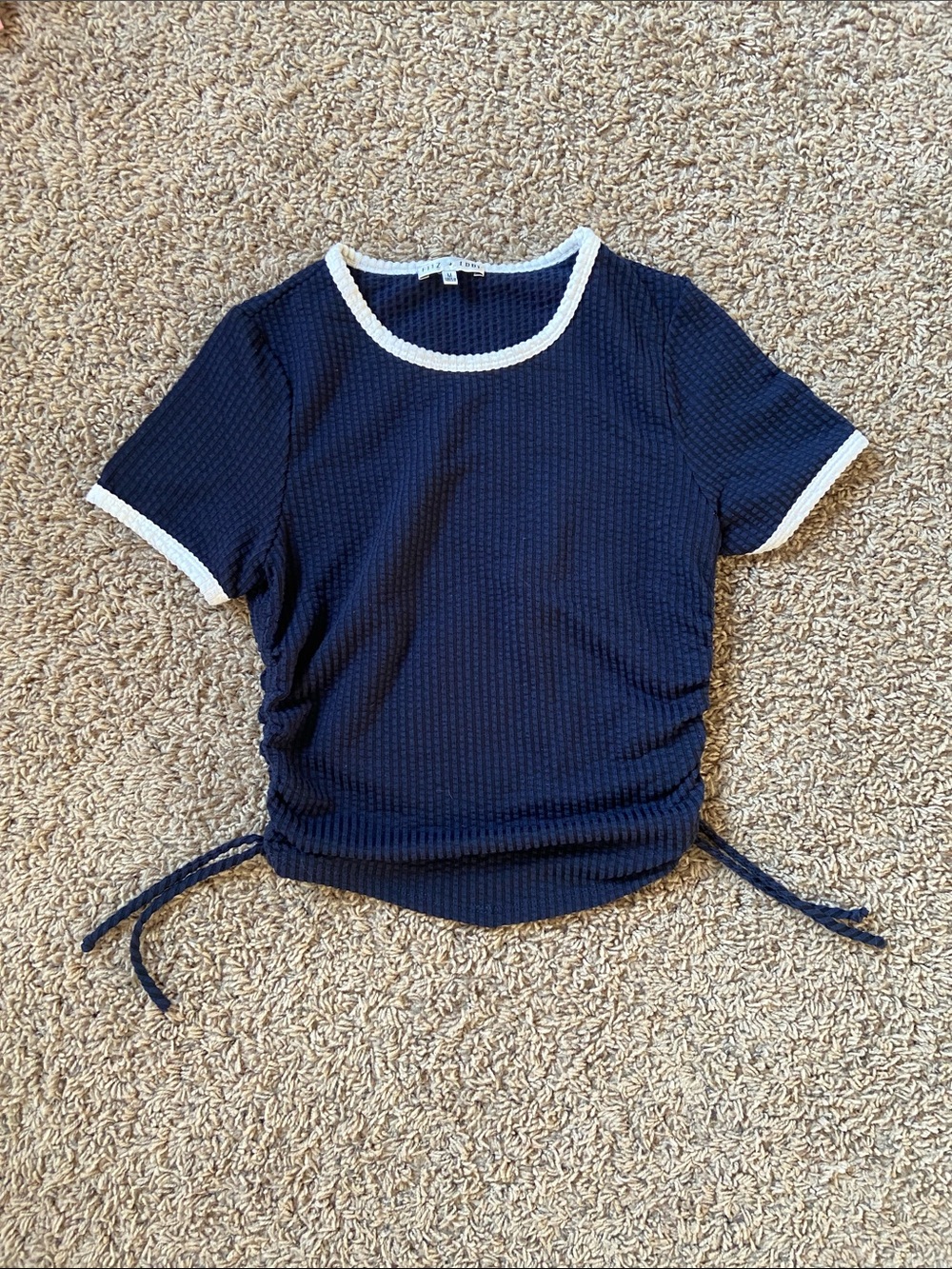 Ruched Sides Navy Blue and White Crop Top